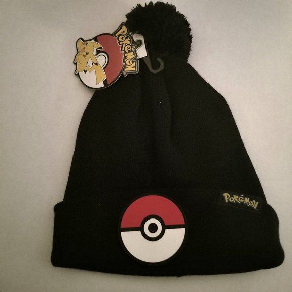 Adult Black Pokeball Pom Beanie Toque with Pokeball Rubber Emblem - Picture 2 of 5